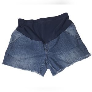 OLD NAVY MATERNITY SHORTS WOMENS 10 BLUE DENIM RAW HEM BELLY WAISTBAND